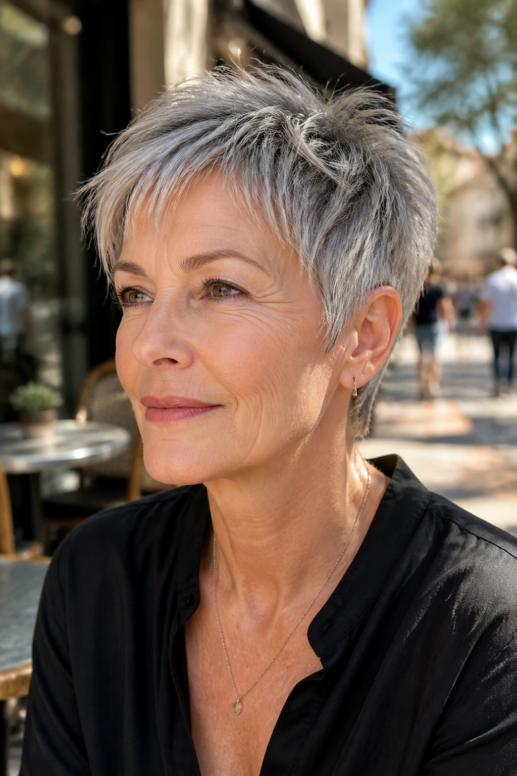Close-up of a woman with a choppy textured pixie in an outdoor cafe setting.