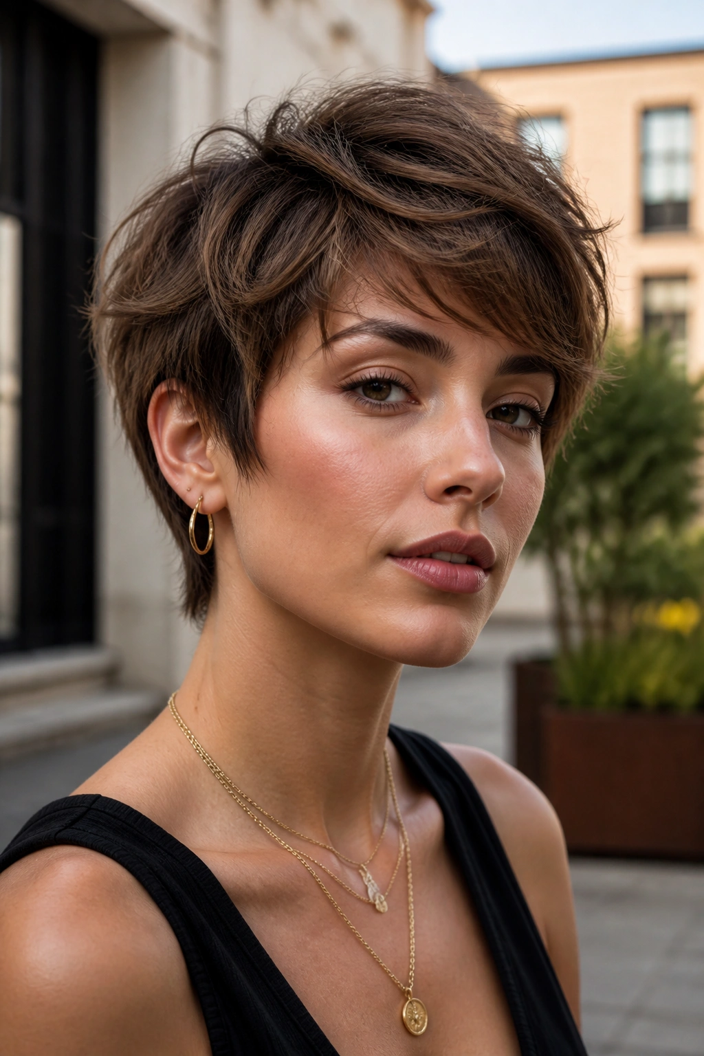 Real woman with choppy textured long pixie in outdoor light