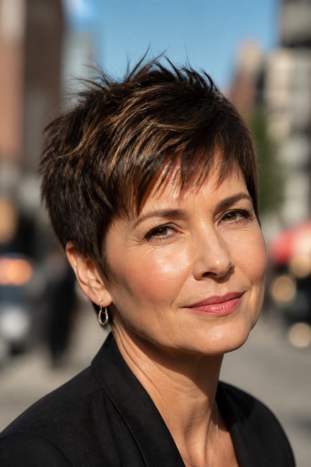 Close-up of a real woman with a choppy textured pixie hairstyle