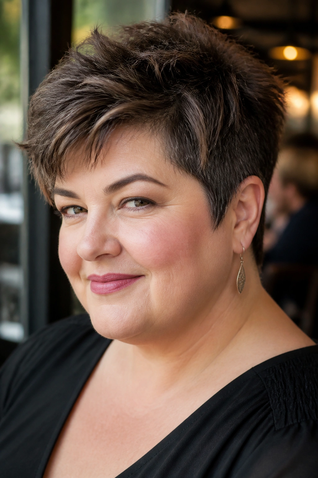 Close-up of real woman with choppy textured pixie for thick hair