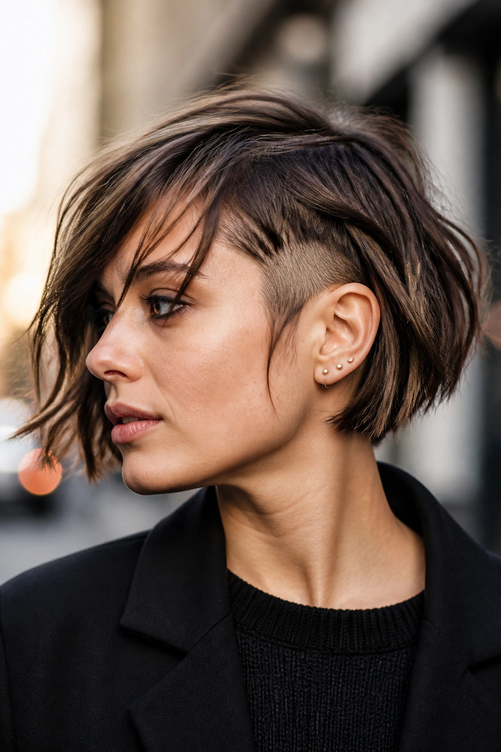 Portrait of a woman with razor-textured choppy undercut bob