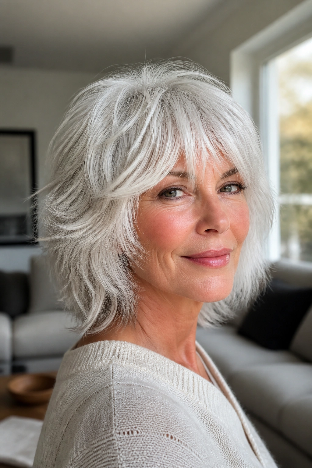 Real woman with choppy white shag hairstyle in a cozy living room light
