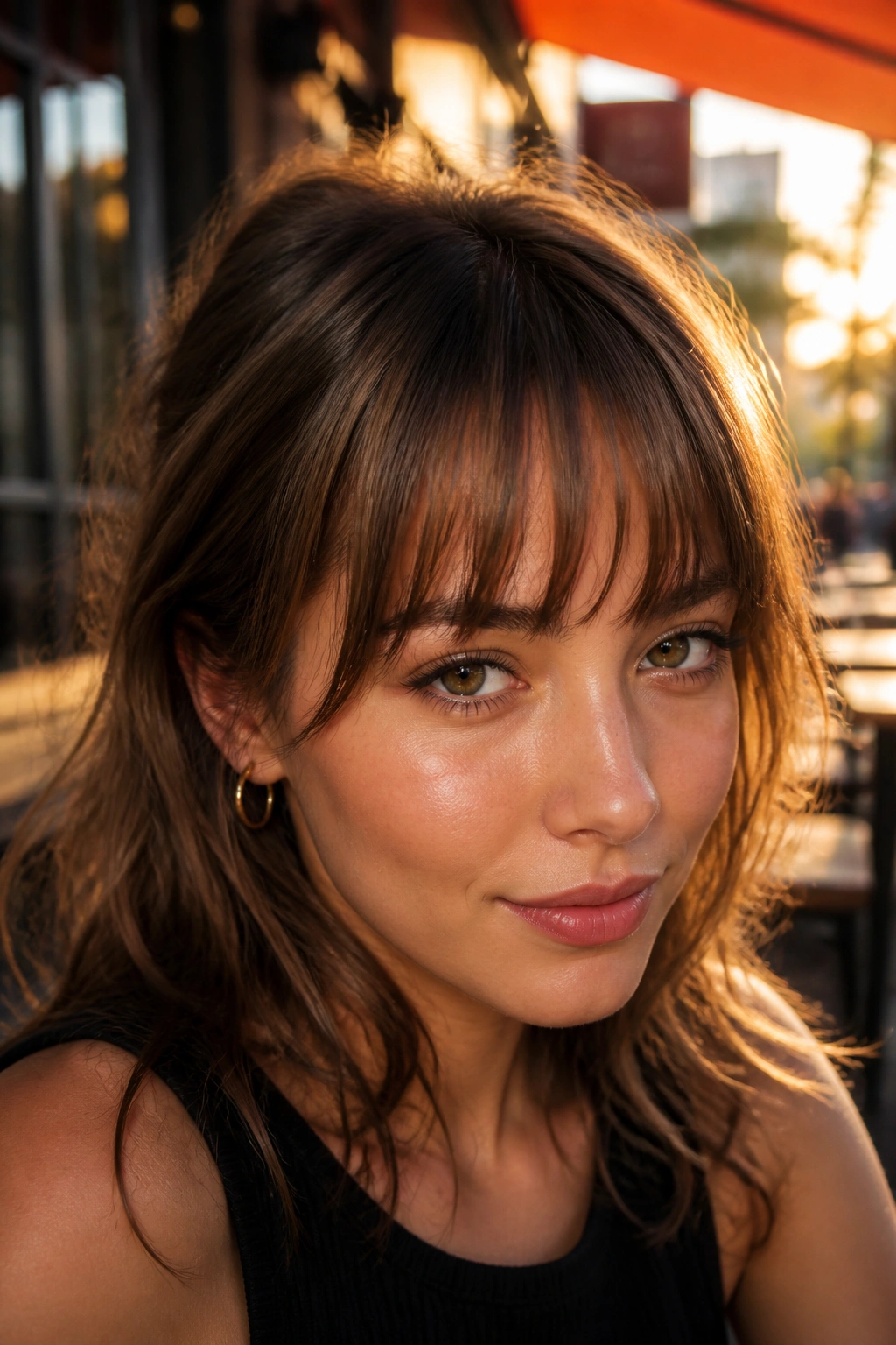 Close-up portrait of choppy wispy bangs in golden hour light