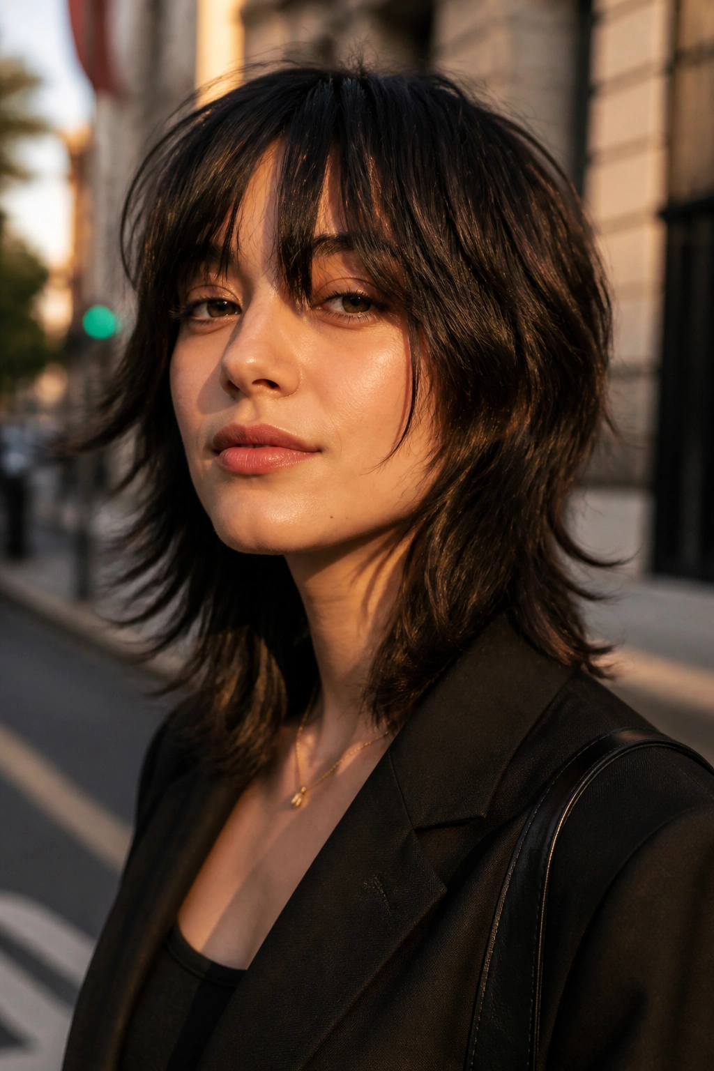 Close-up of a real woman with bottleneck bangs and choppy layers
