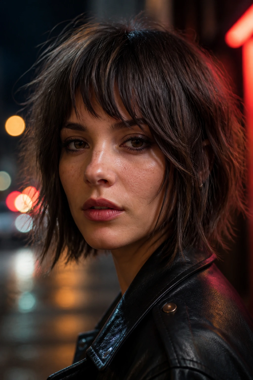 Close-up real person with Choppy Wolf Cut Bob With Bottleneck Bangs in evening street light