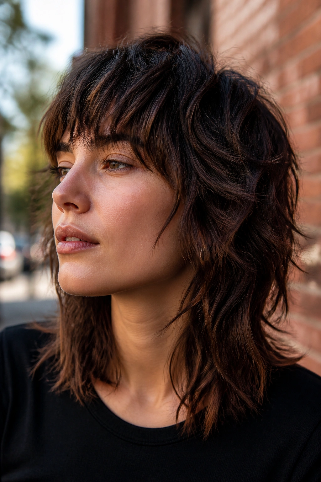 Close-up of a real woman with a choppy wolf cut on fine waves outdoors