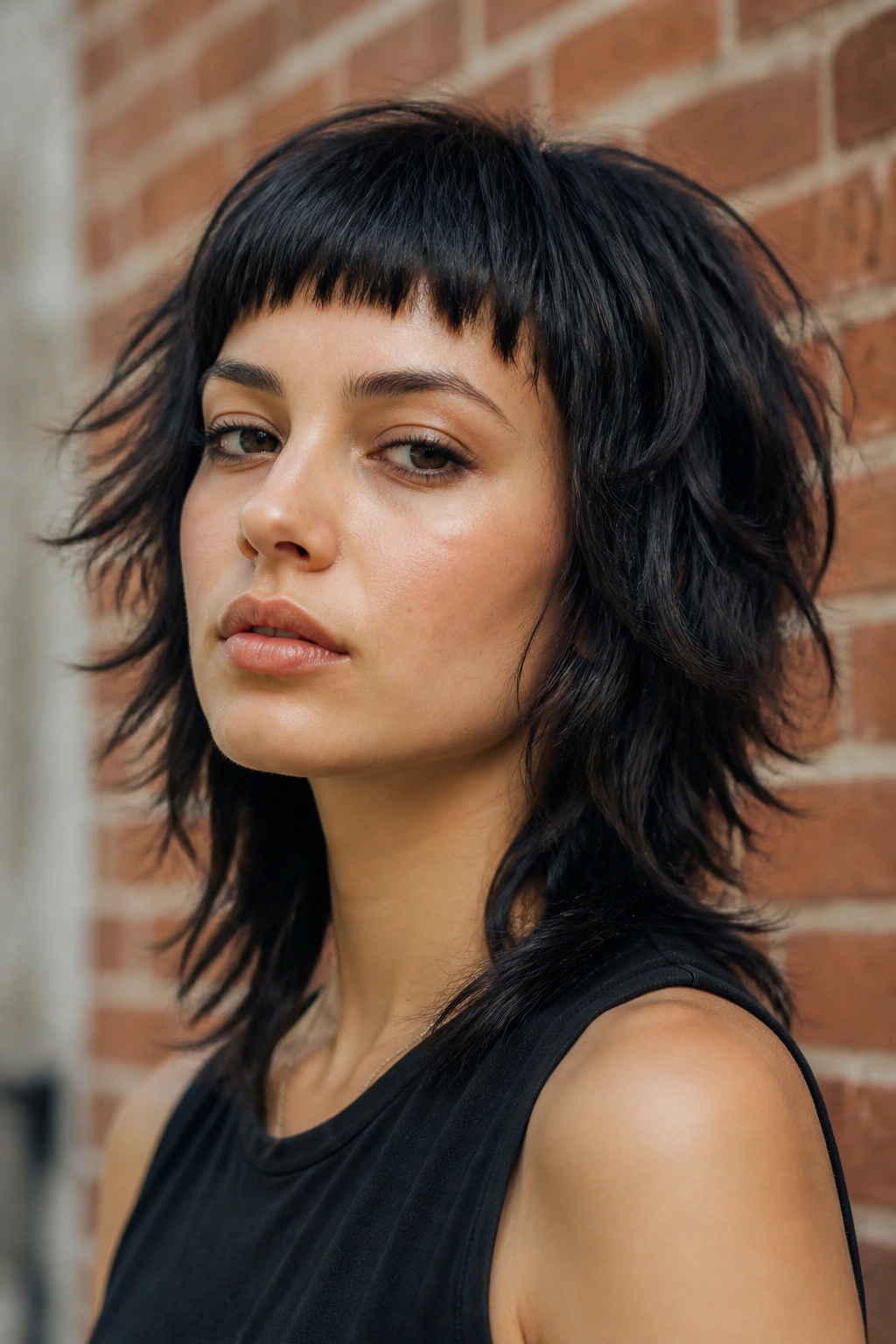 Portrait of a real woman with choppy wolf cut and micro bangs