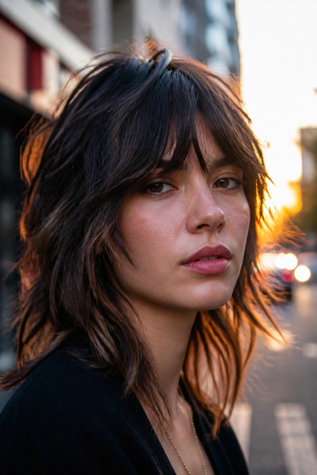 Close-up of a real person with choppy wolf cut and piecey ends