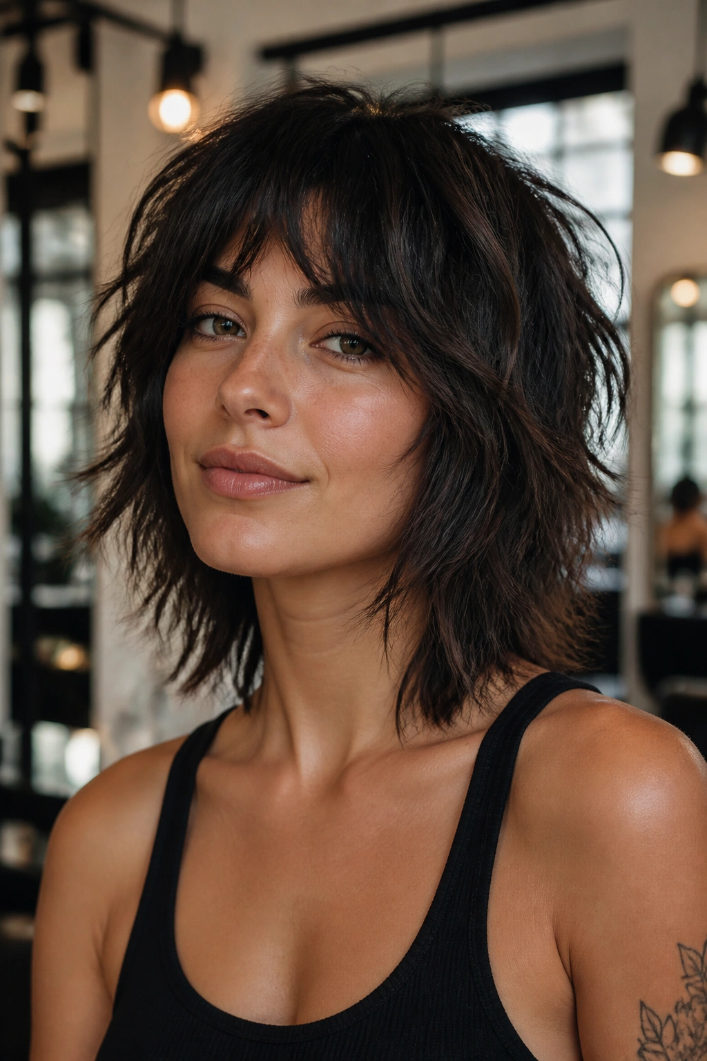 Close-up of a real woman with choppy wolf cut and piecey ends.