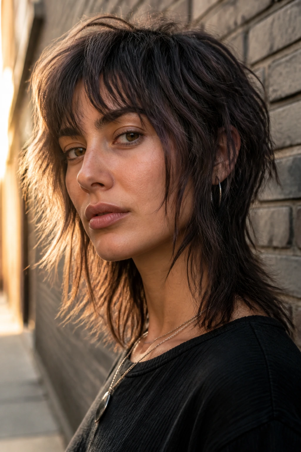 Close-up of a real woman with choppy wolf cut and razor-cut ends