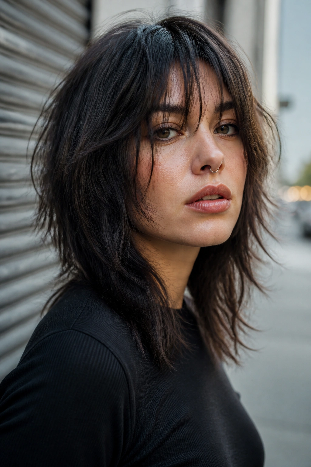 Close-up portrait of a real woman with a choppy wolf cut and razored curtain bangs.