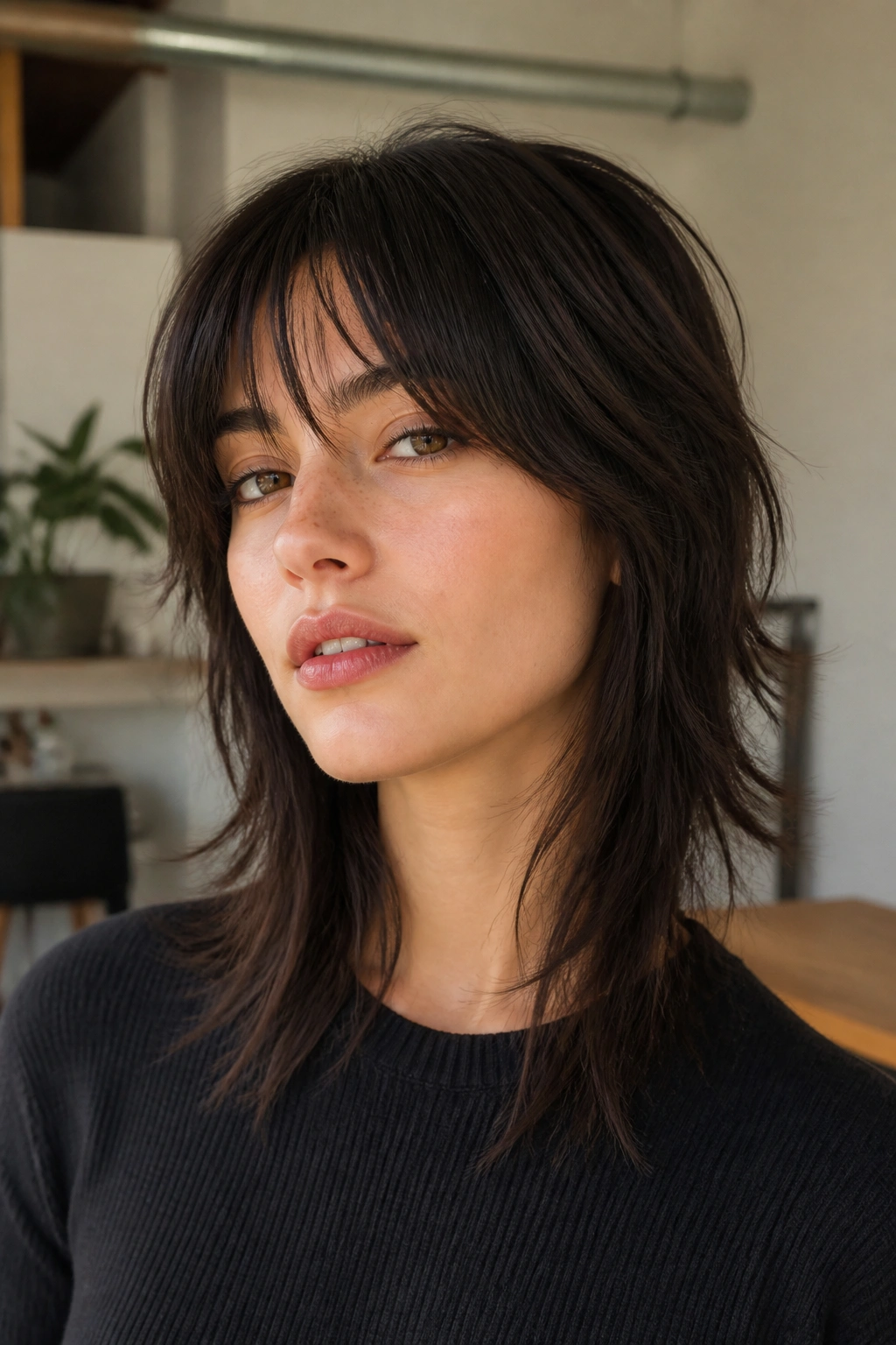 Real person with choppy wolf cut for straight hair in softly lit apartment.