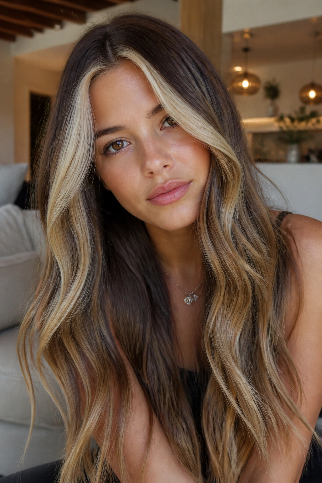 Close-up of a real woman with chunky 90s blonde panels in long hair