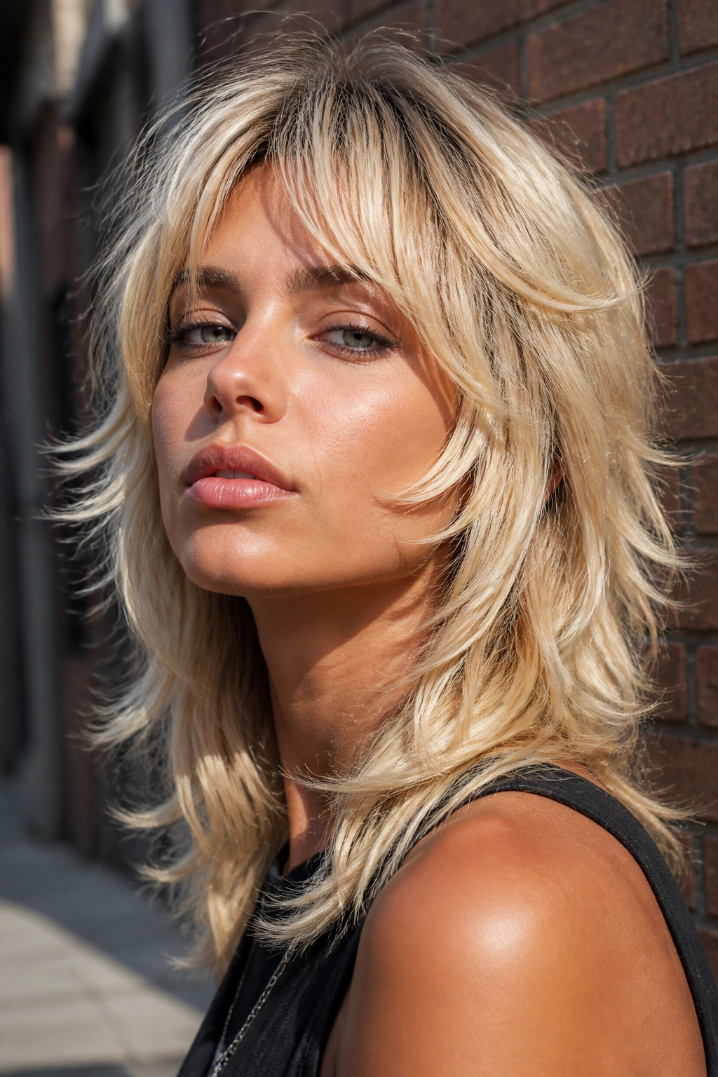 Close-up of a real woman with chunky blonde wolf cut and 90s layers in an urban outdoor setting