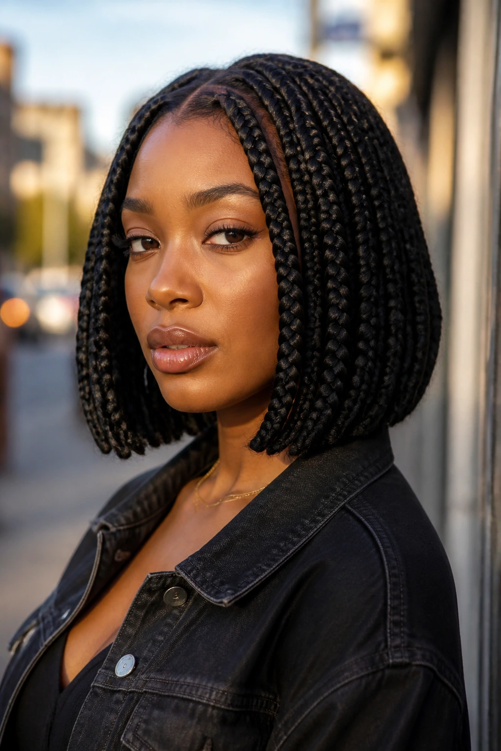 Close-up of a Black woman with chunky knotless box braids in a bob, urban background