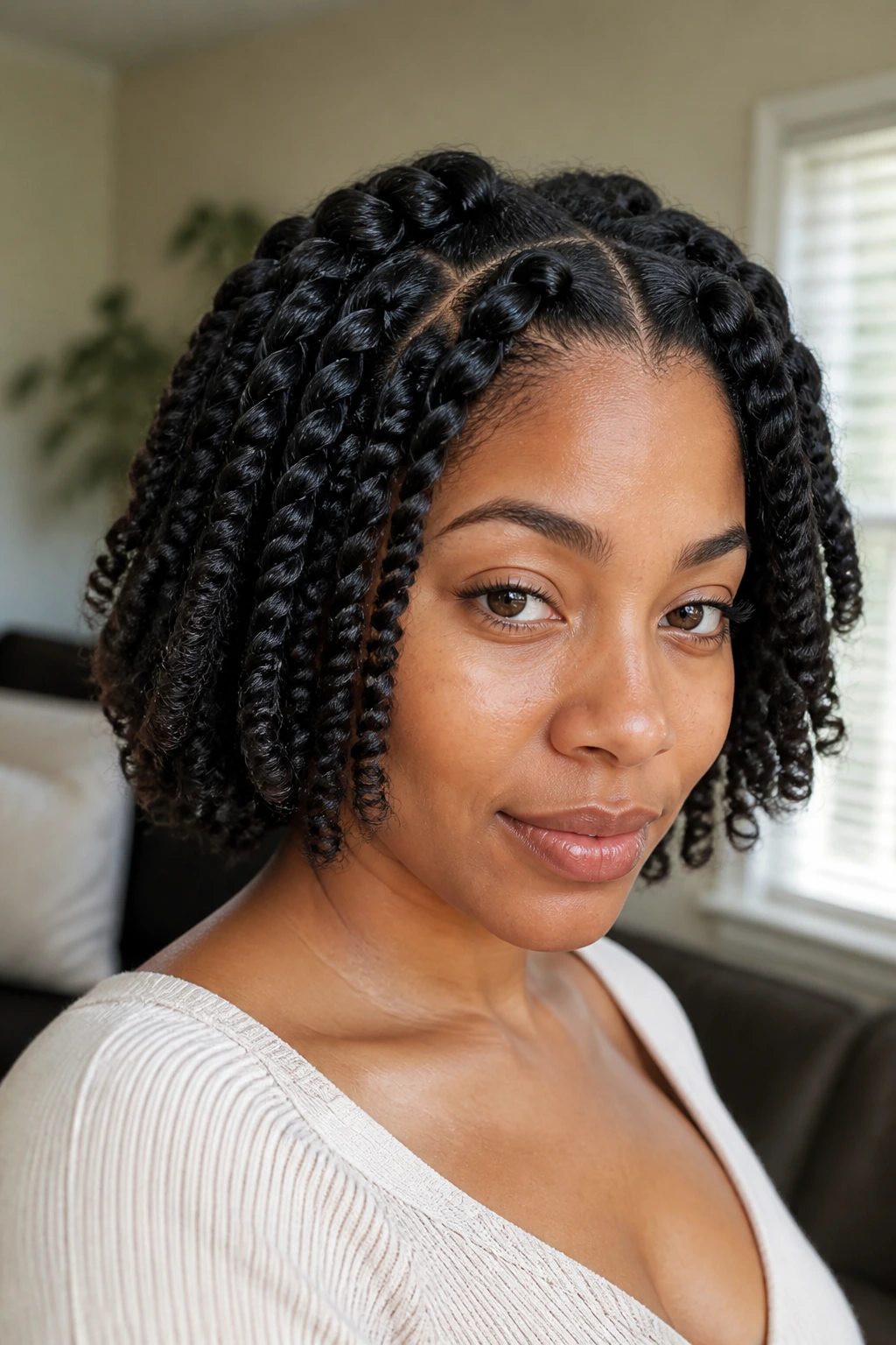 Close-up of real person with chunky braid-out forming a soft bob