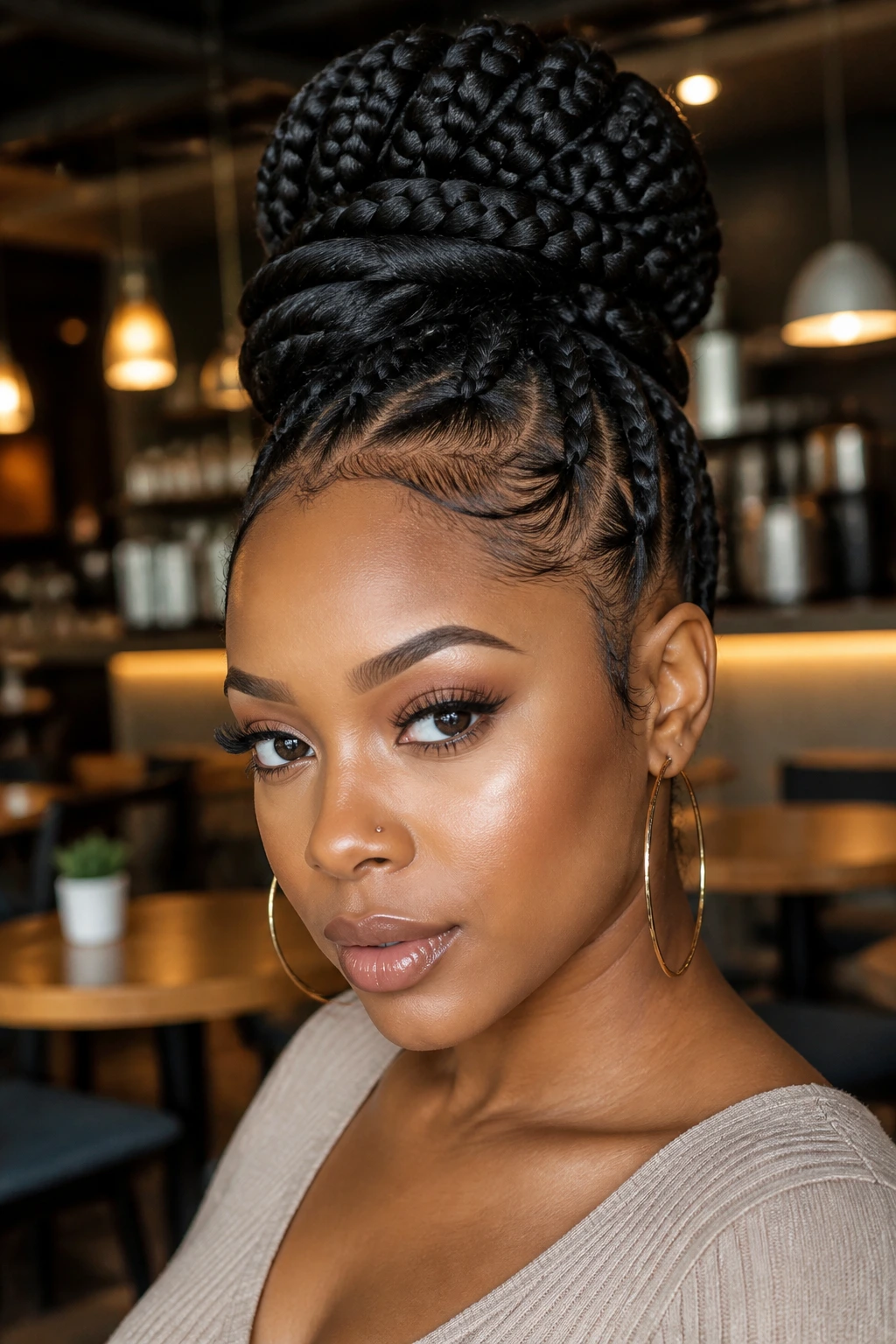 Close-up of a real person with a chunky braided top knot