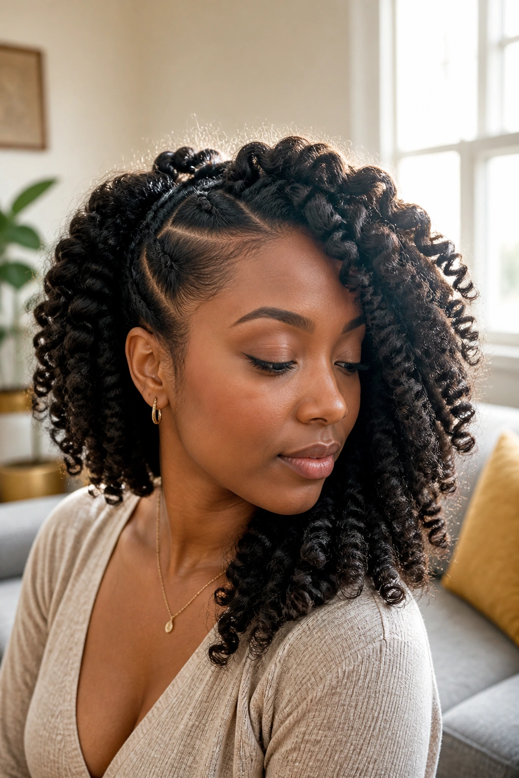 Medium close-up of a person with a chunky side-part braid out on one side