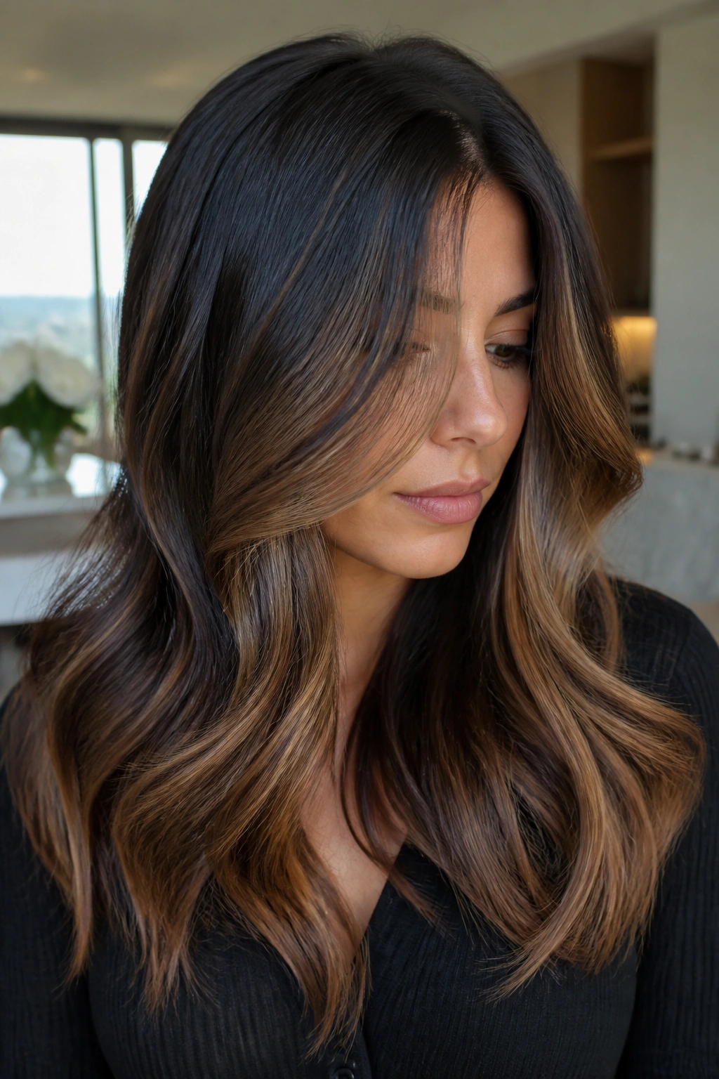 Portrait of brunette with chunky caramel panels and soft edges