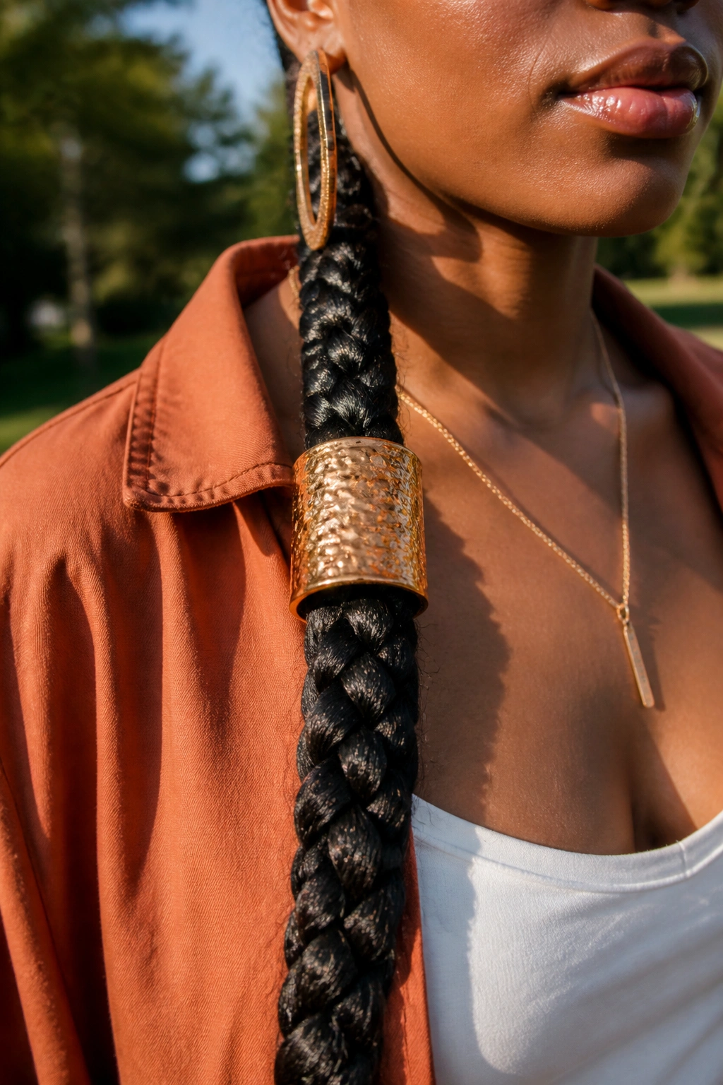 Close-up of a thick braid with a large chunky cuff around mid-length