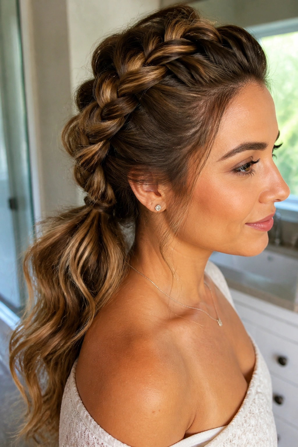 Close-up of a real woman with a chunky French braid ending in a loose ponytail