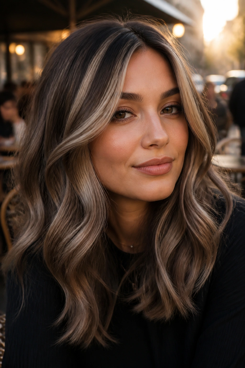 Portrait of woman with chunky ash brown highlights and cool beige panels in hair.