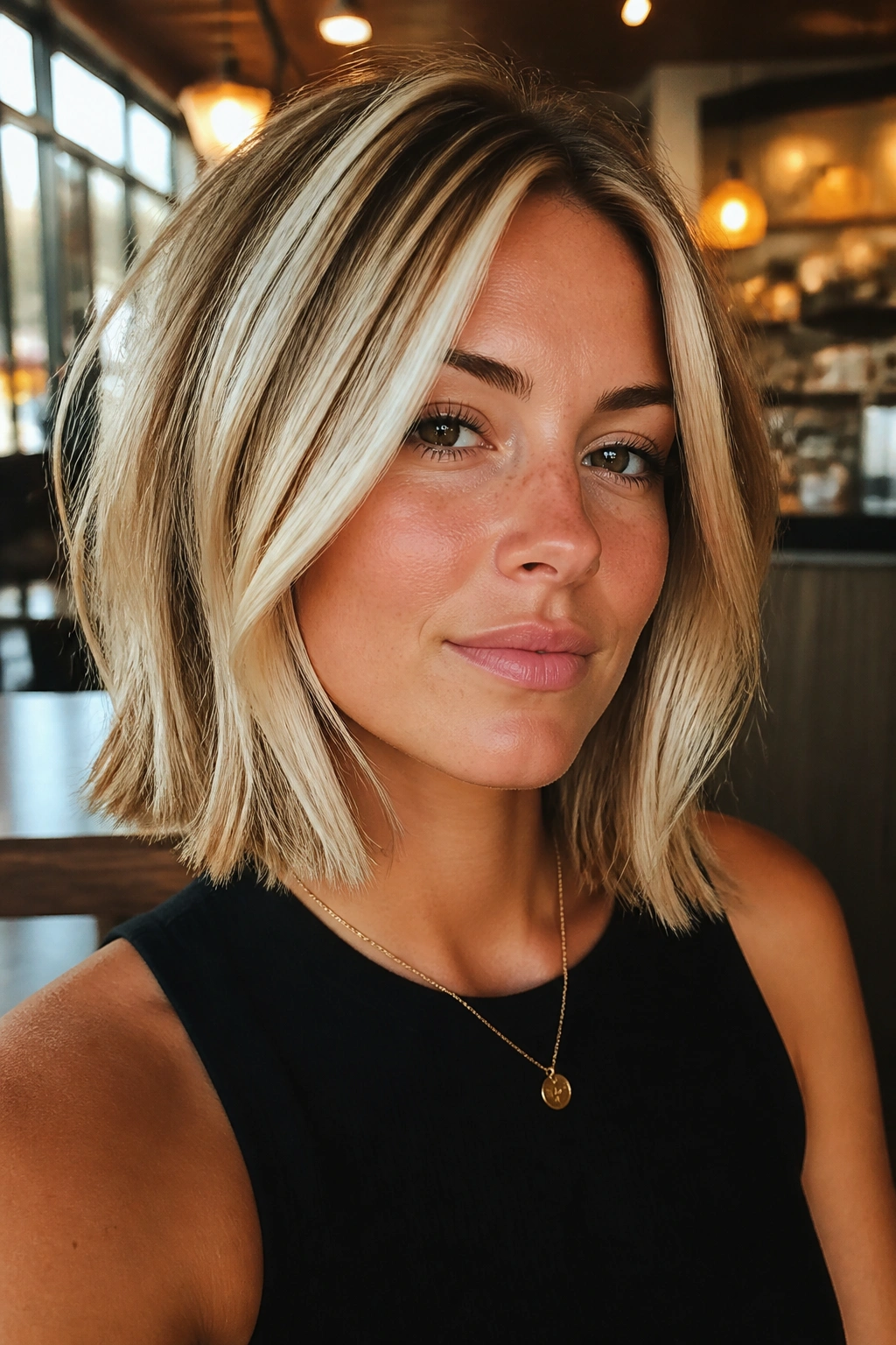 Real woman with chunky blonde highlights and retro edge hairstyle