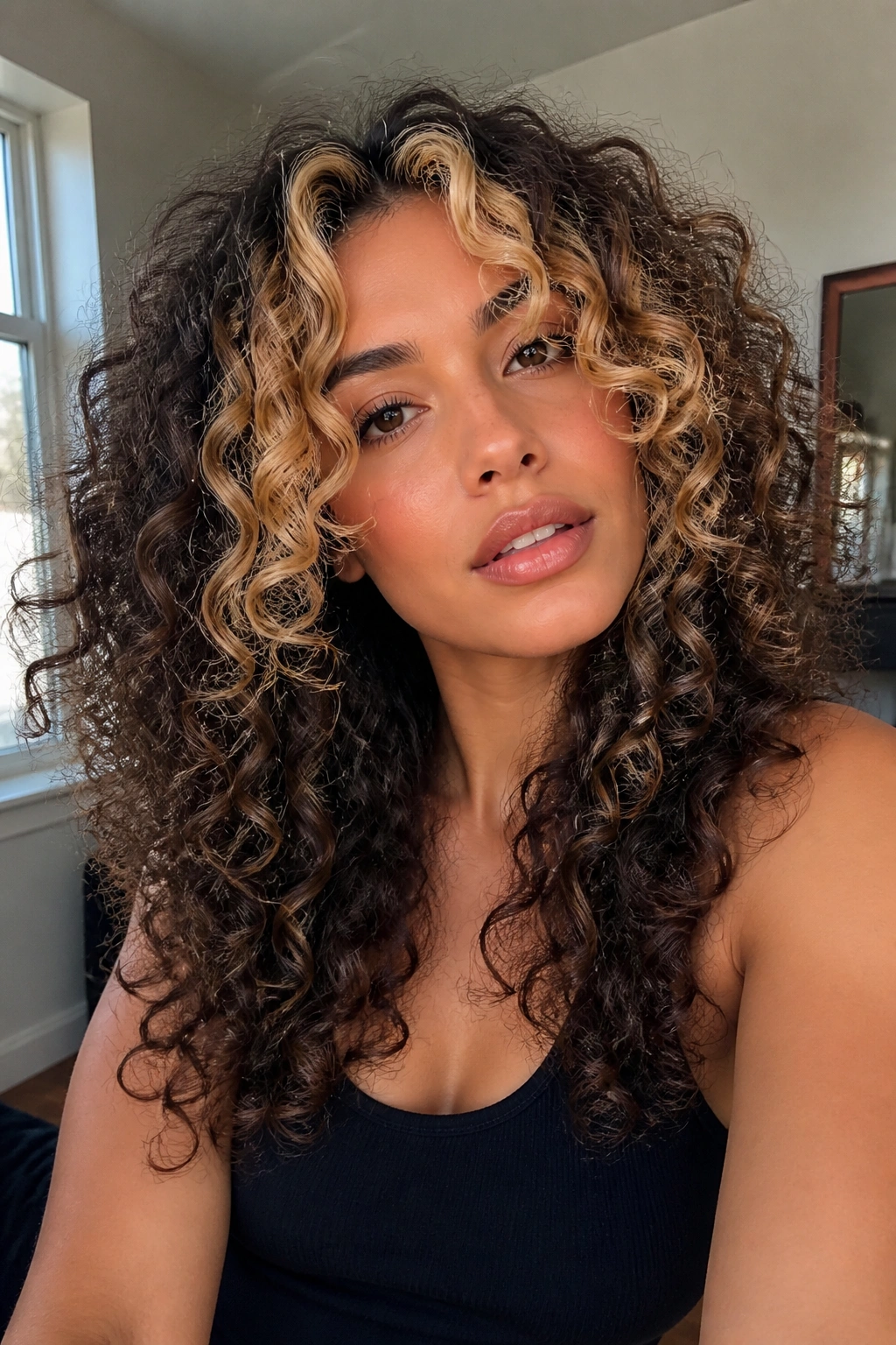 Close-up of a real woman with chunky front highlight panels on curly hair, retro volume.