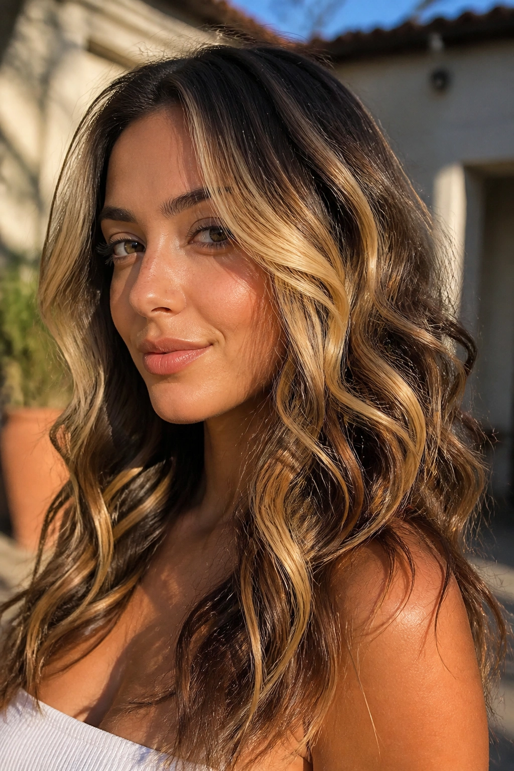Close-up of chunky blonde highlights woven through loose curls in warm sunlight