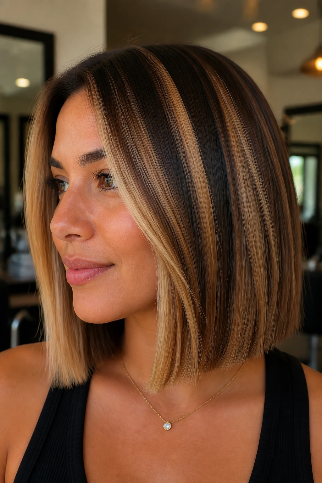 Chunky caramel highlights on blunt lob.