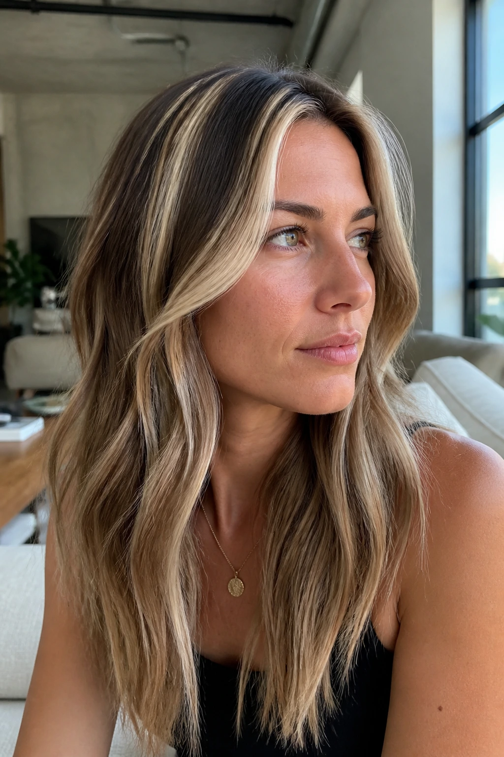 Close-up of a real person's chunky highlights softened by toner in beige tones