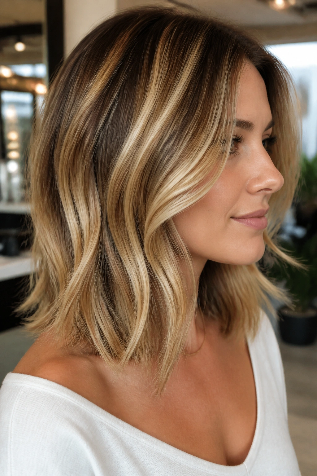 Real woman with mid-length hair featuring chunky honey blonde ribbons