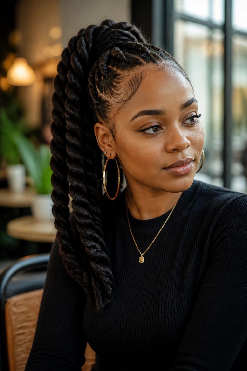 Close-up of a real woman with chunky jumbo twists pulled into a ponytail