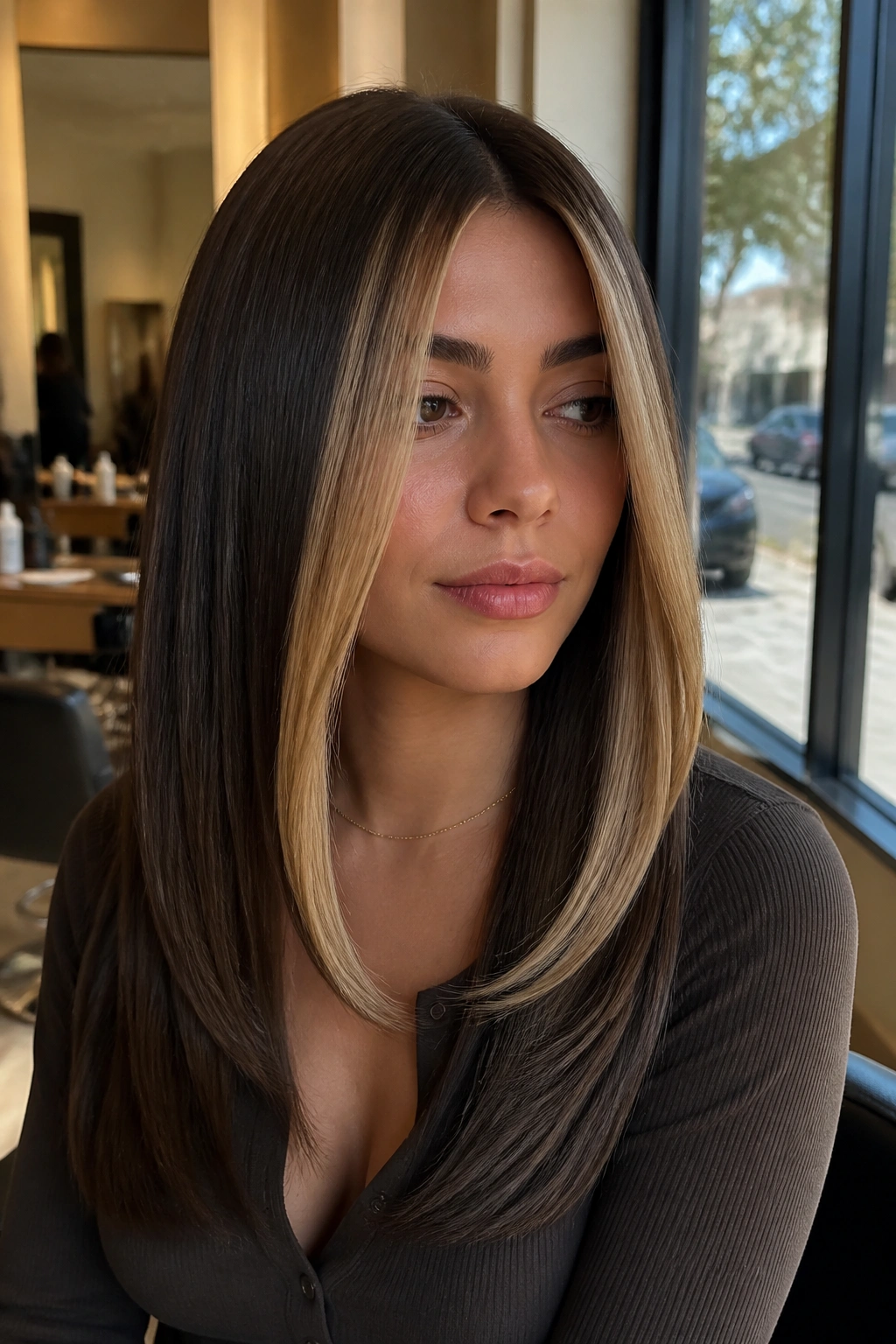 Close-up of brunette with chunky face-framing panels in a salon window light