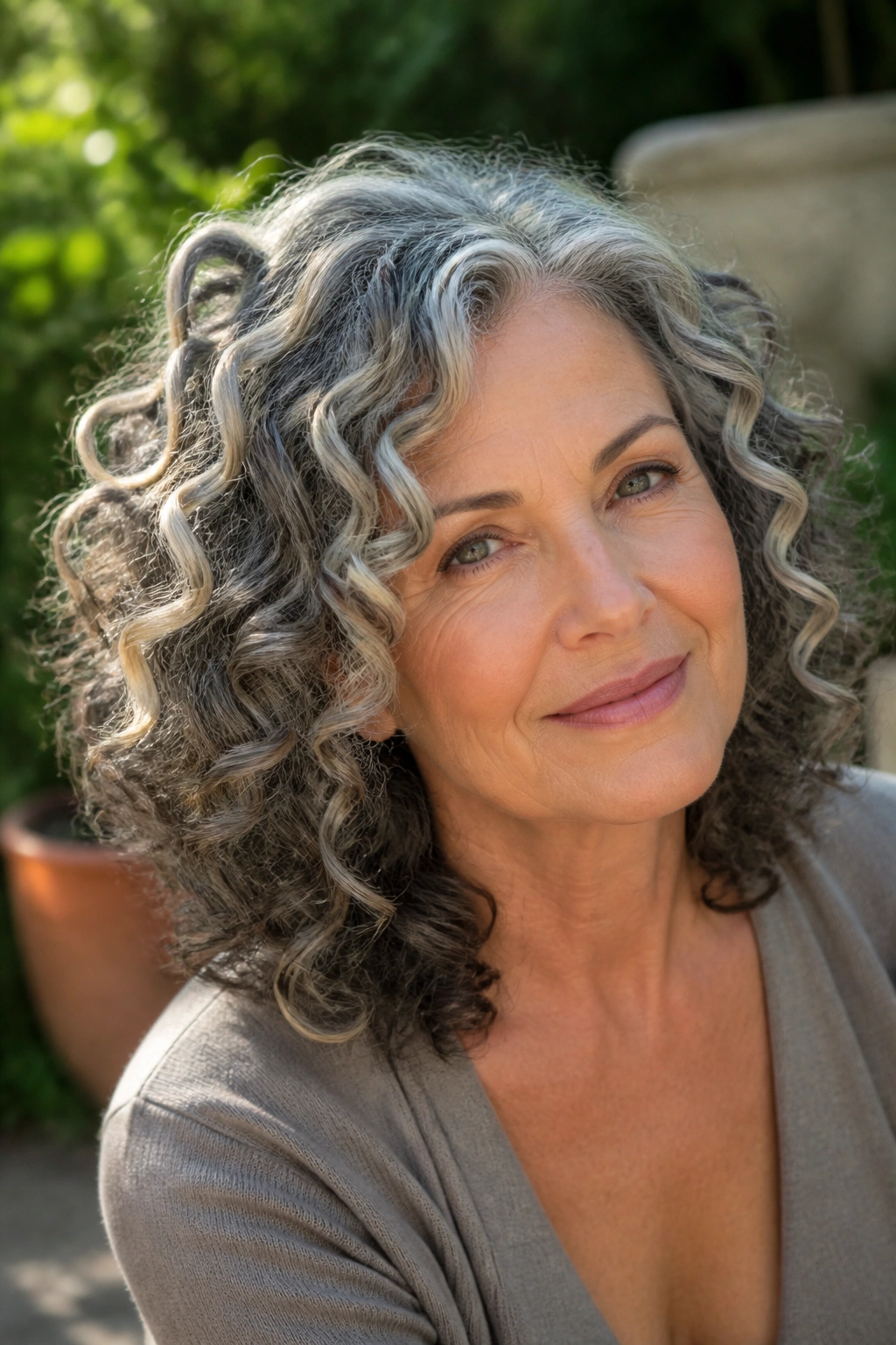 Close-up of curly hair with chunky ribbon highlights outdoors
