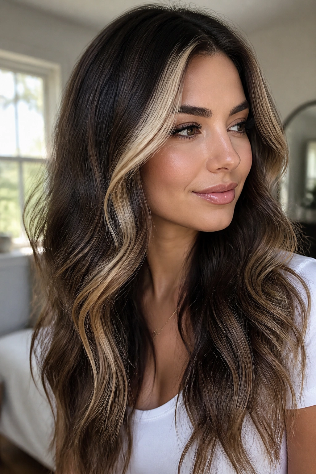 Close-up of long brunette waves with chunky ribbon highlights at the front