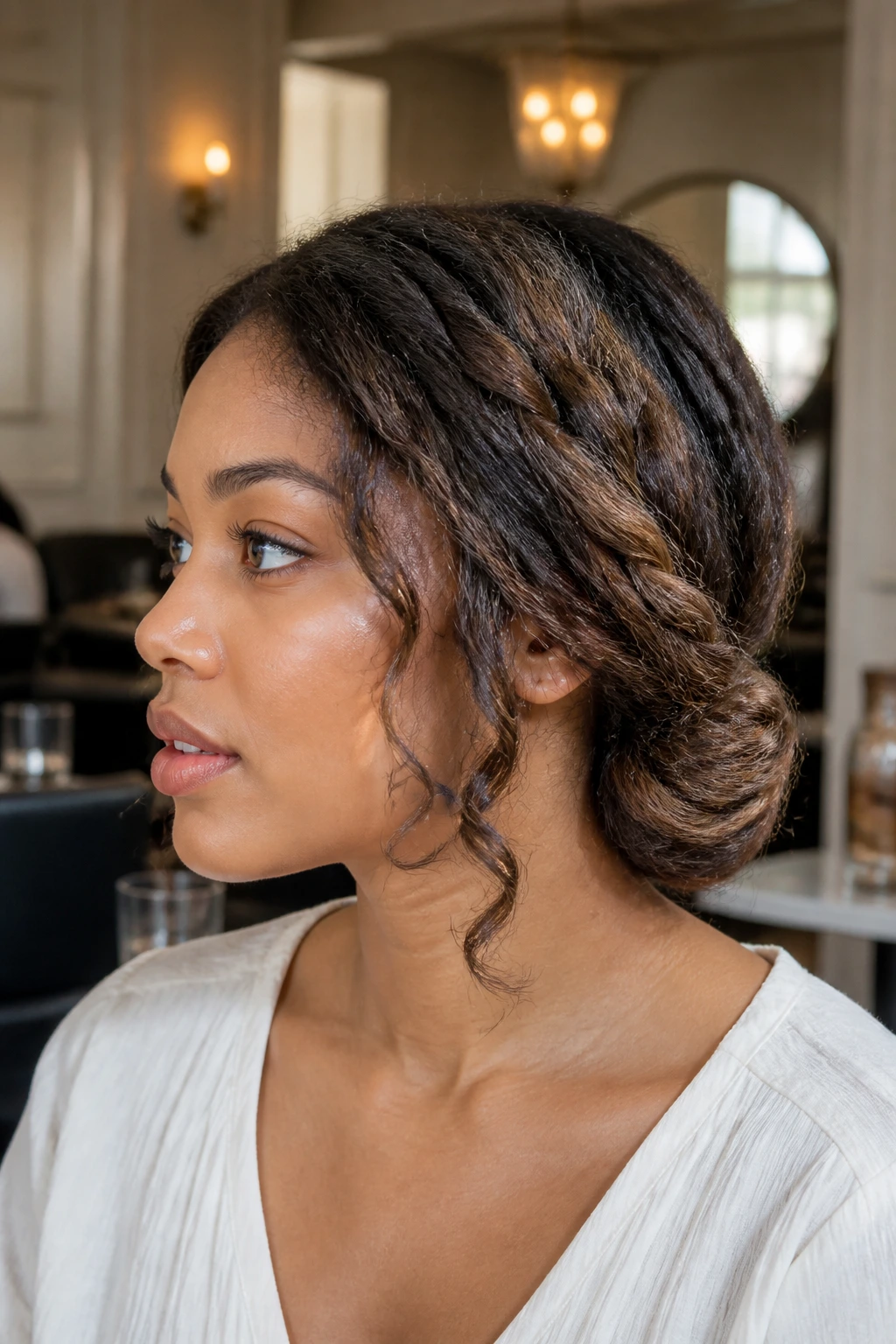 Close-up of chunky roll tuck at the nape hairstyle on a real person