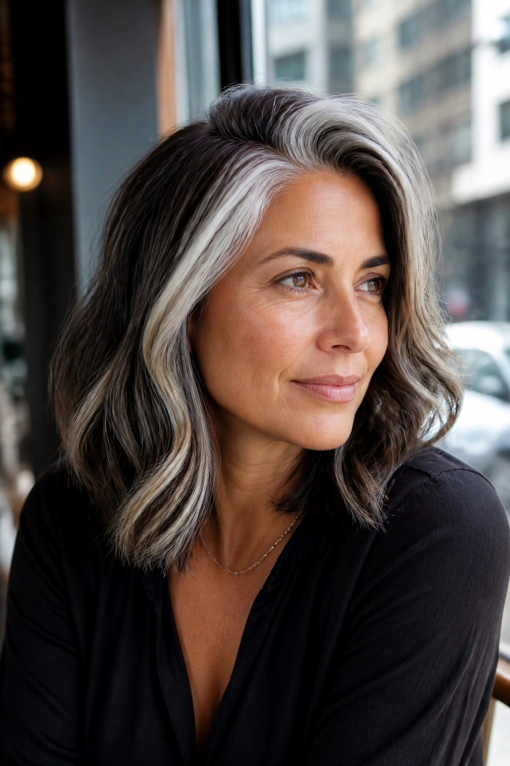 Close-up of a real woman with chunky silver highlights around the front and crown for a retro look