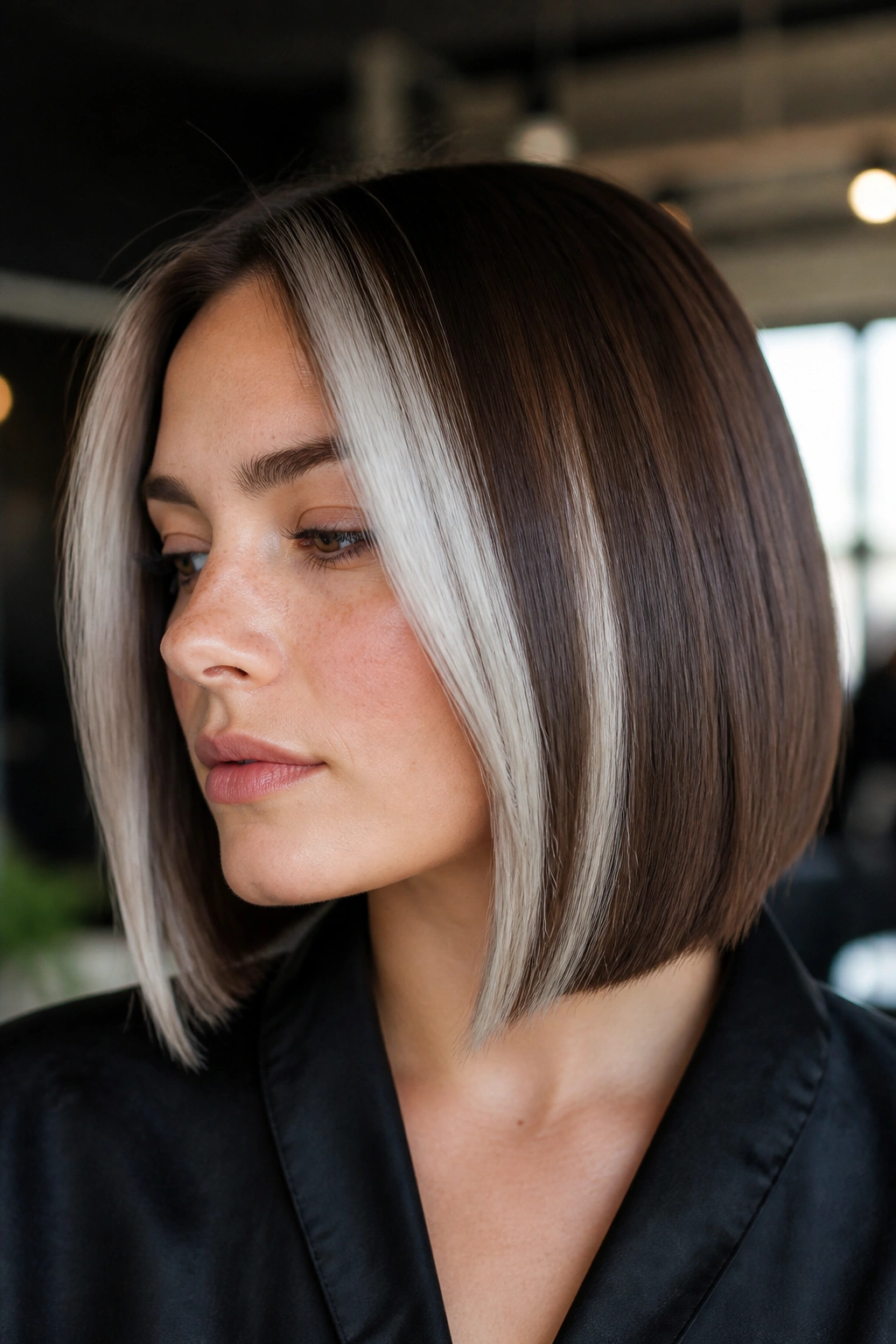 Portrait of a real person with chunky silver panels in a sleek bob hair style.
