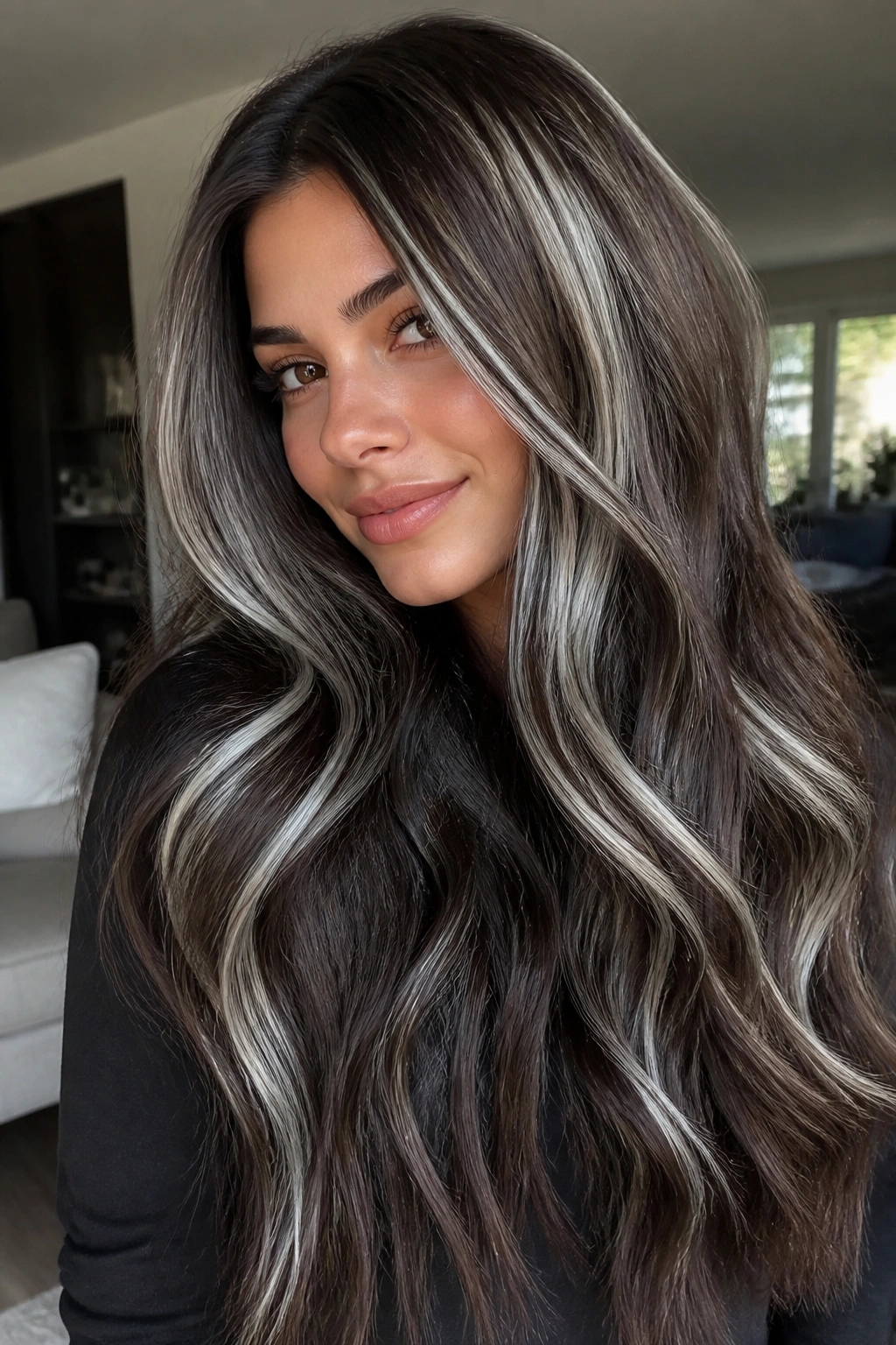 Thick brown hair with chunky silver ribbons for bold dimension