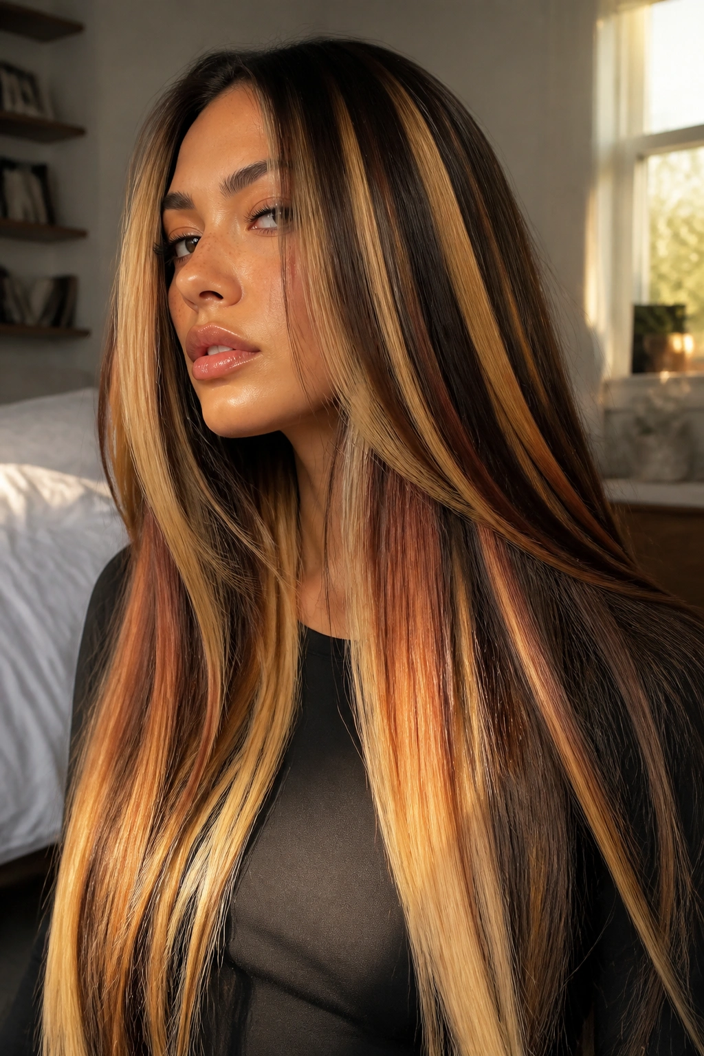 Close-up of a real woman with chunky 90s streaks in long hair under warm daylight.