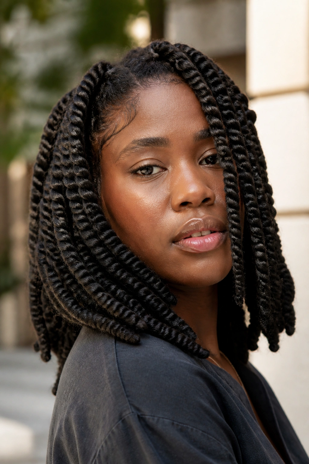 Close-up of a real woman with chunky twists in outdoor natural light