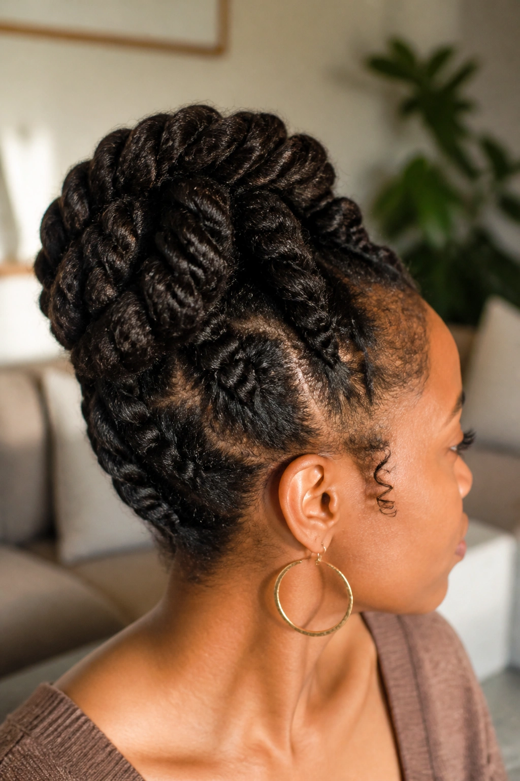 Close-up of a real person with chunky twists pinned into an updo in soft indoor light