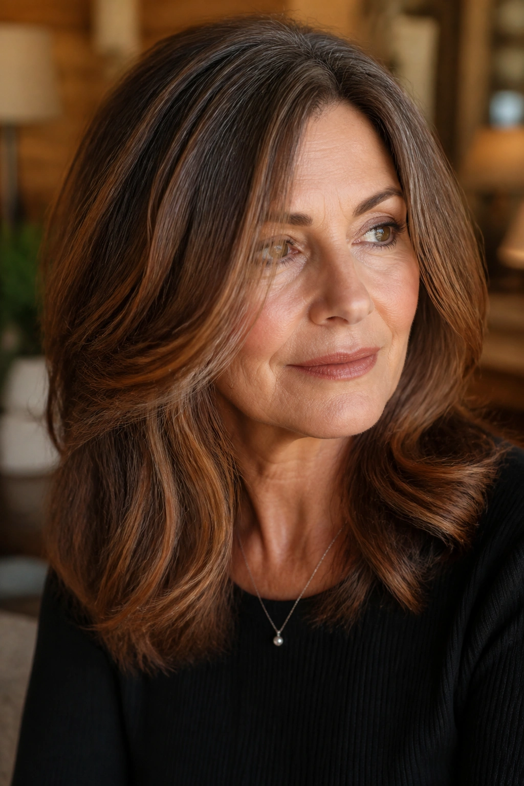 Brunette with cinnamon and auburn face-framing accents.