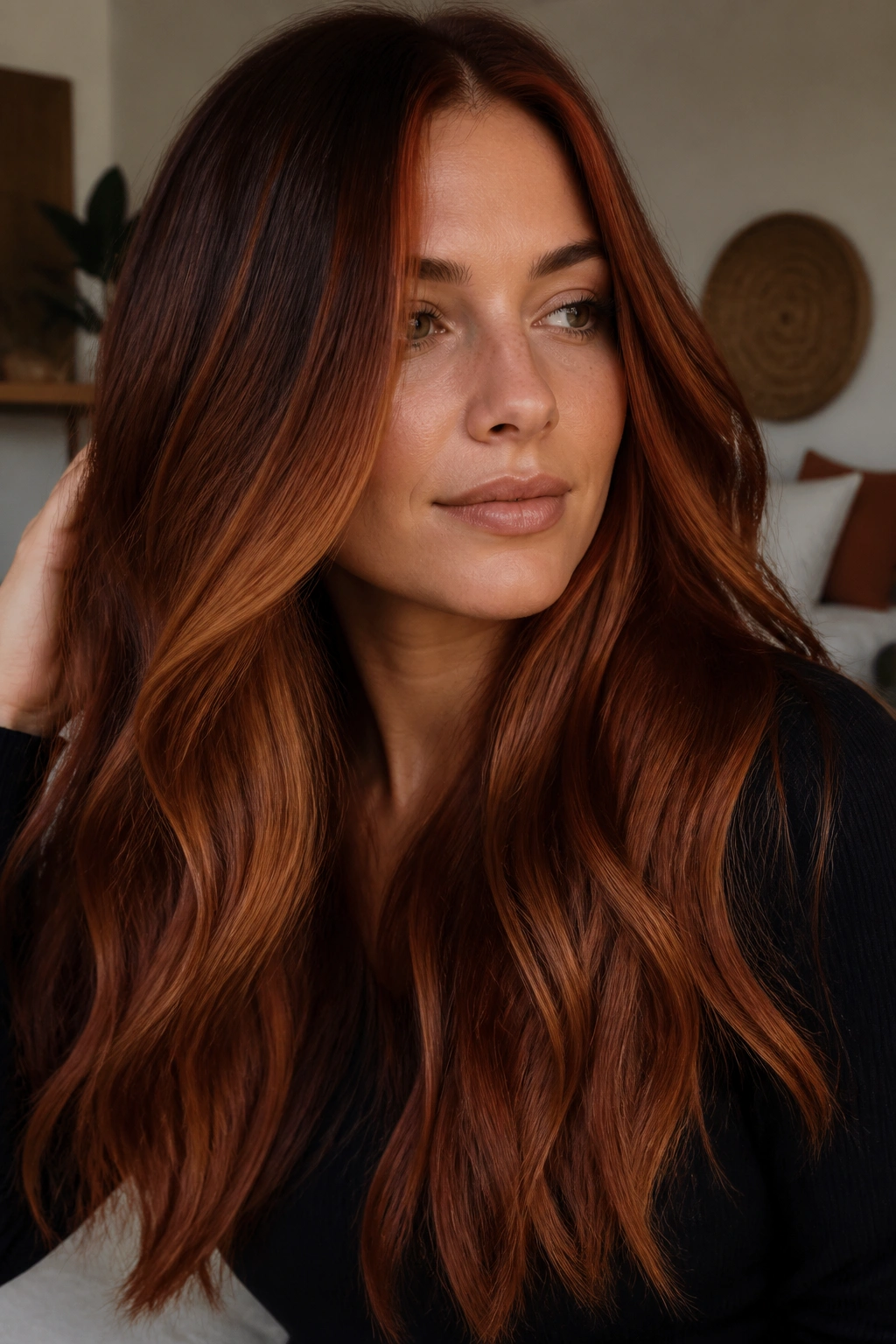 Close-up of cinnamon auburn balayage on ends of hair on a real person