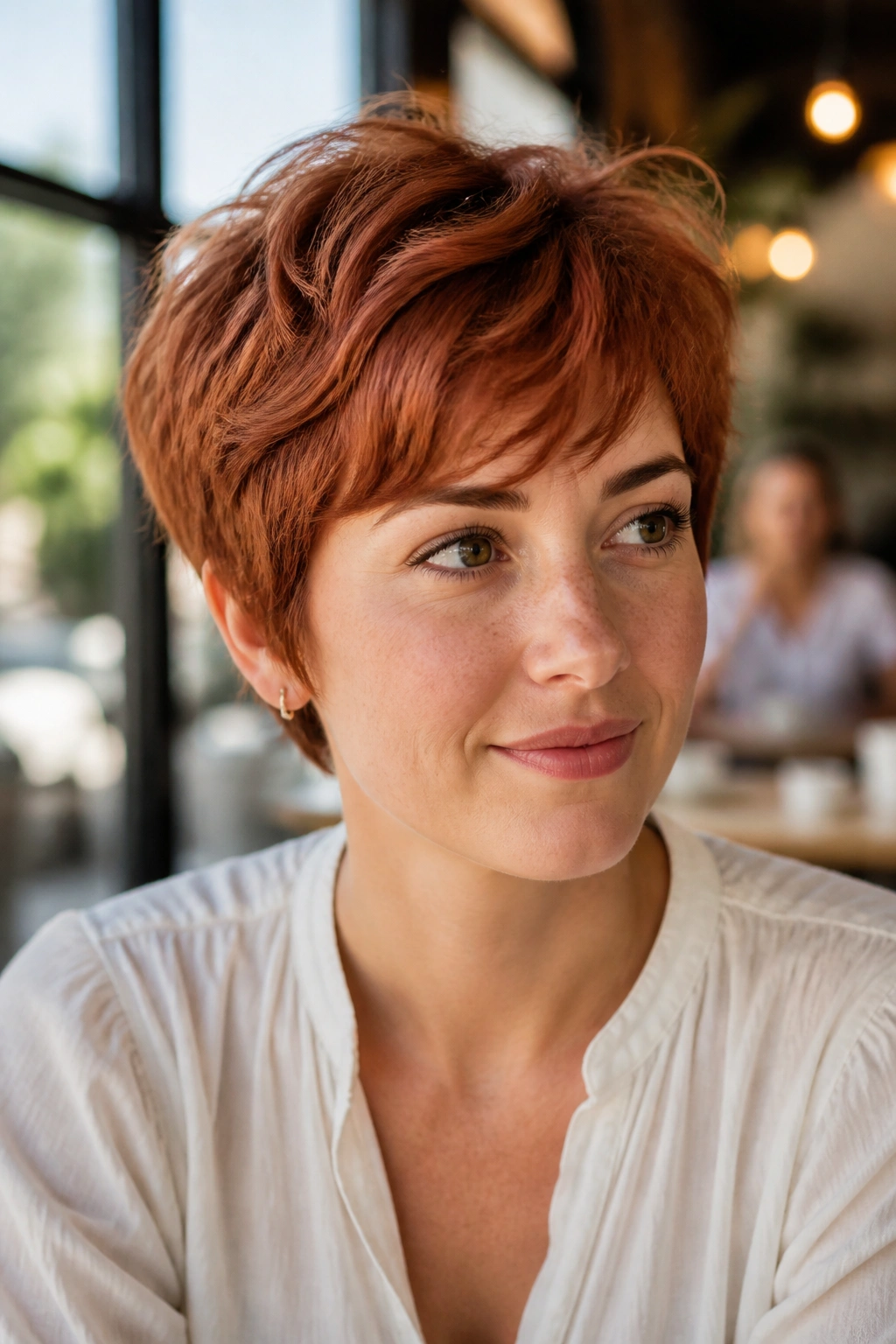 Close-up portrait of a real woman with cinnamon auburn bixie in a sunlit cafe