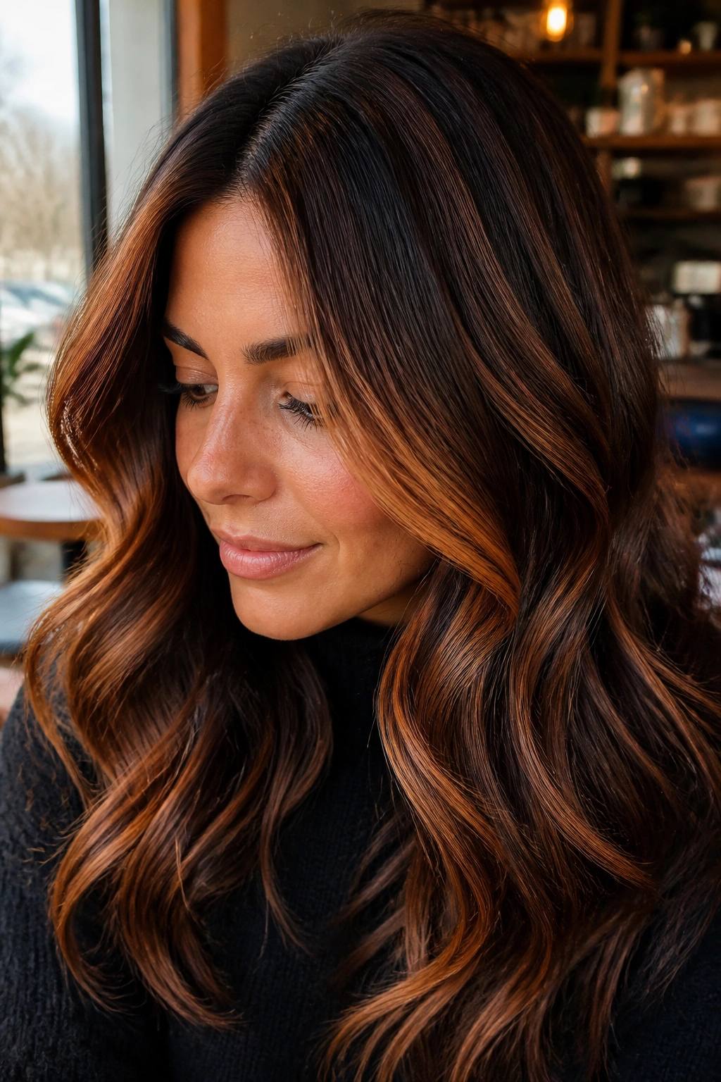 Close-up of a real woman with cinnamon balayage on brunette hair