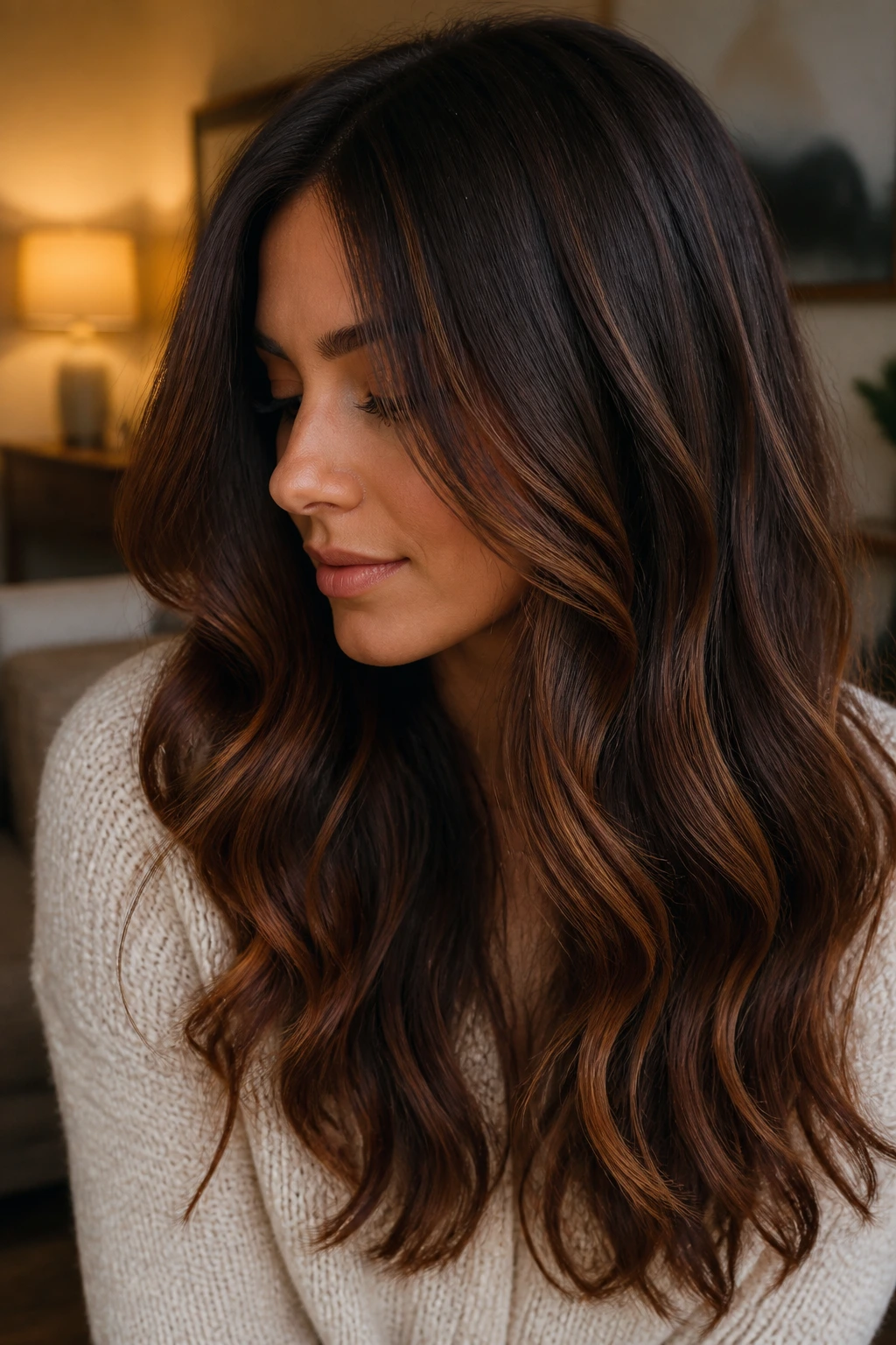 Close-up of long dark brown hair with cinnamon balayage ribbons