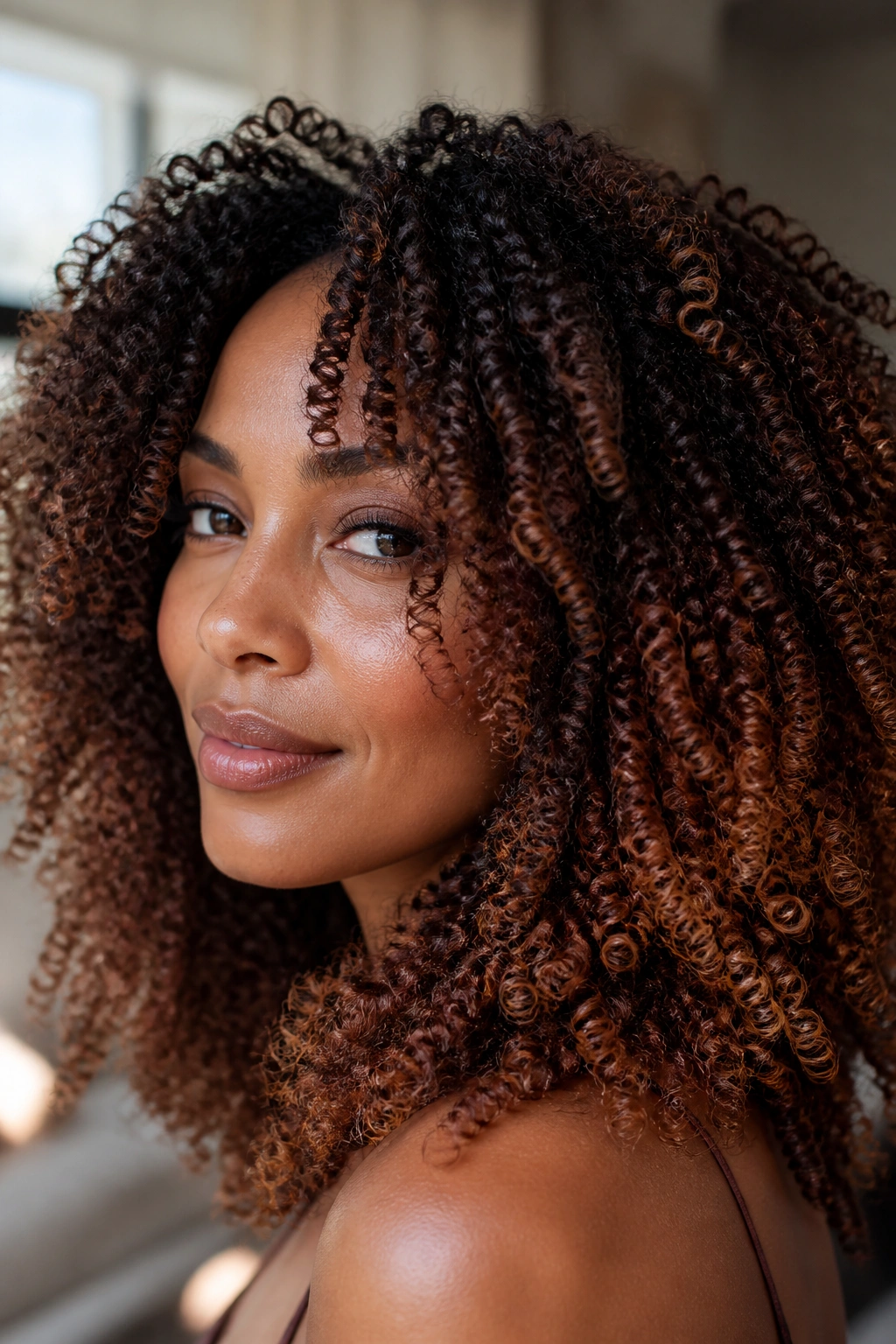 Close-up espresso curls with cinnamon balayage