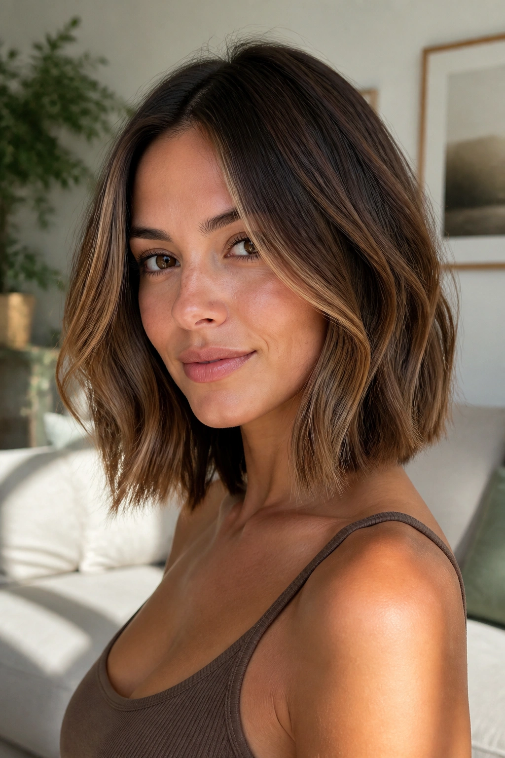 Close-up of a real woman with cinnamon balayage on a lob.